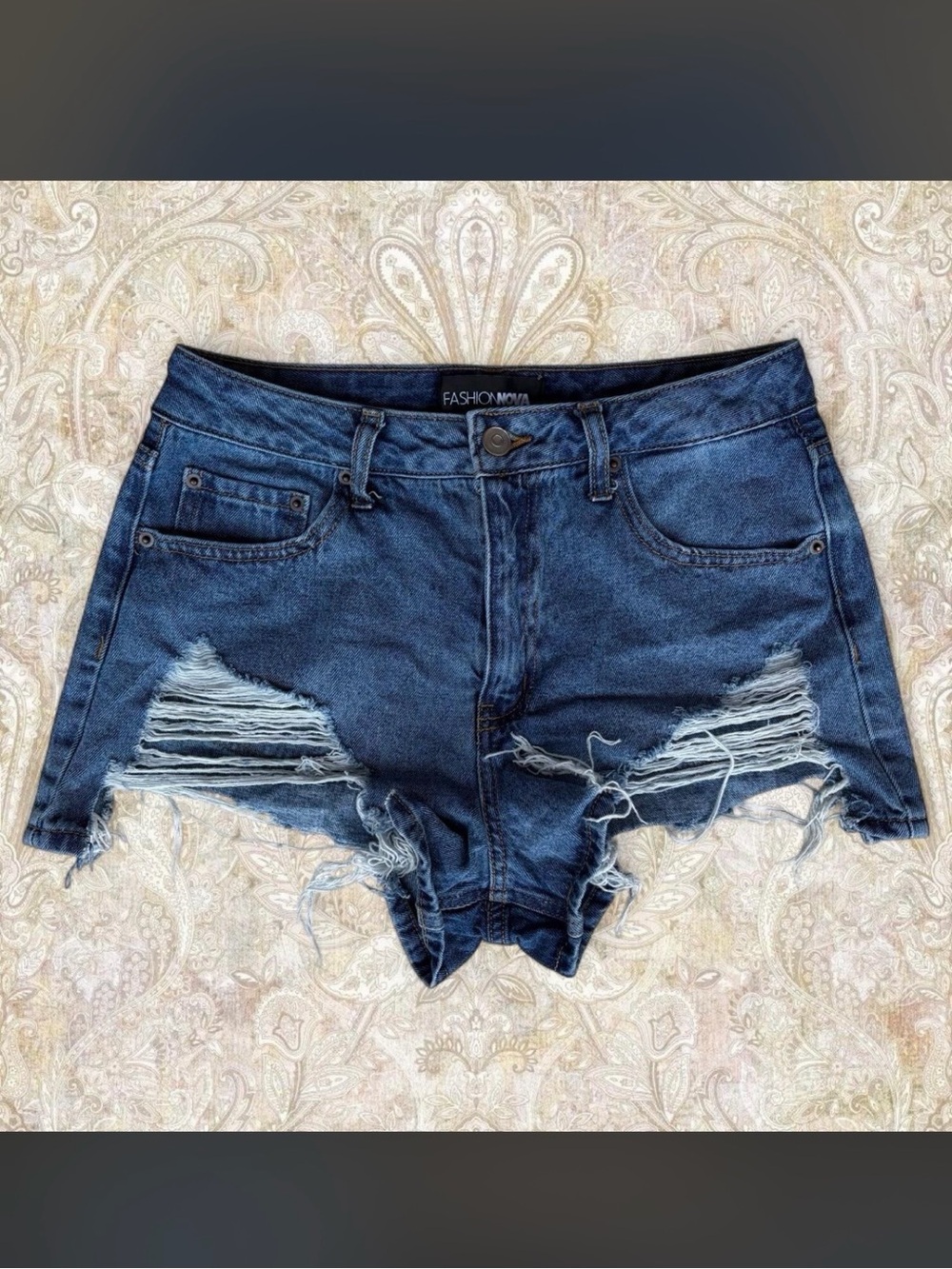Fashion Nova Dark Blue Distressed High-Rise Denim Shorts